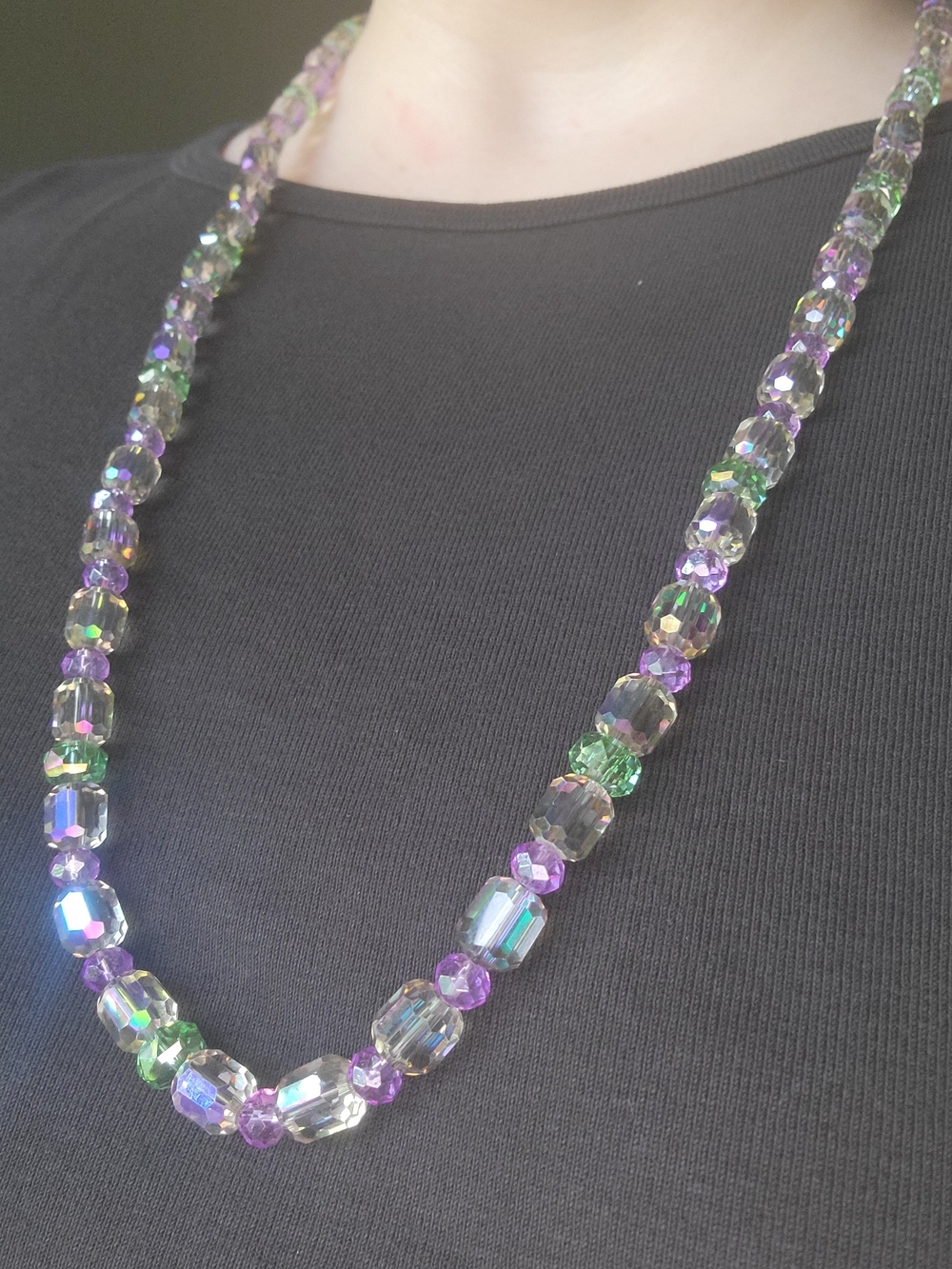 Iridescent Genuine Crystal Beaded Necklace in Purple & Green Artisan Handmade